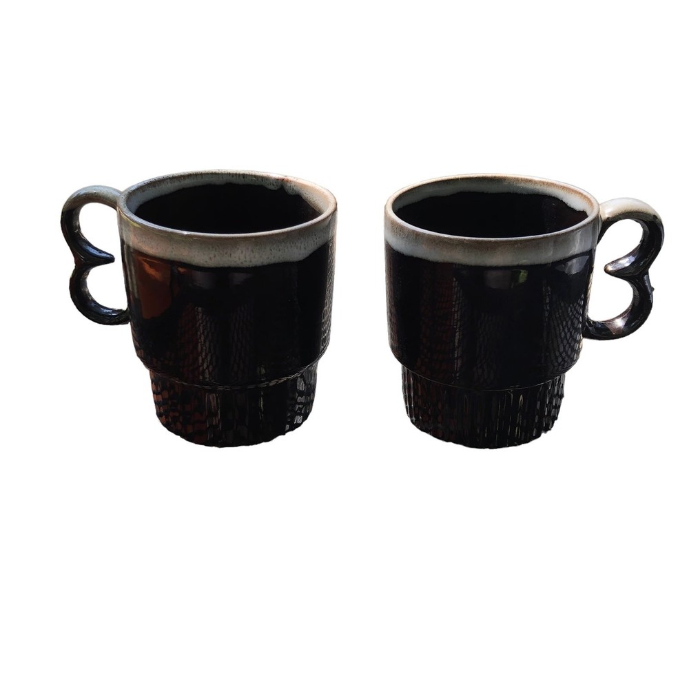Set of 2 Vintage Brown Drip Glaze Pottery Coffee Mugs, Stackable by Nevco Japan